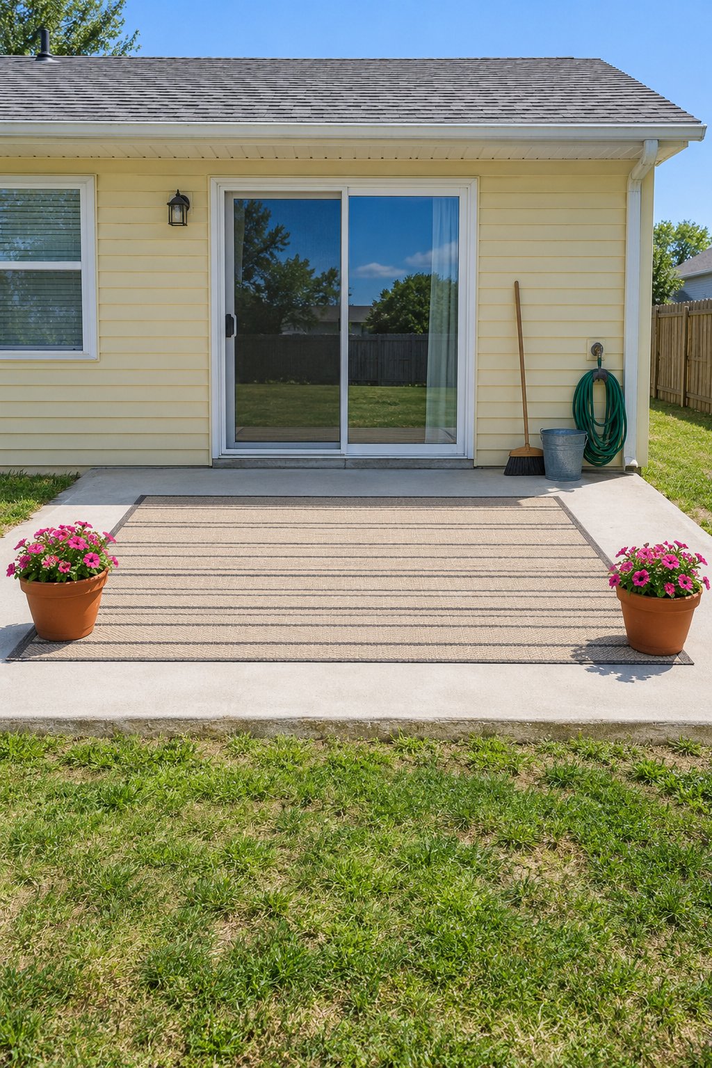 Back patio ideas on a budget, a freshly scrubbed concrete slab with one large flat-woven outdoor rug and two terracotta pots of petunias behind a ranch house