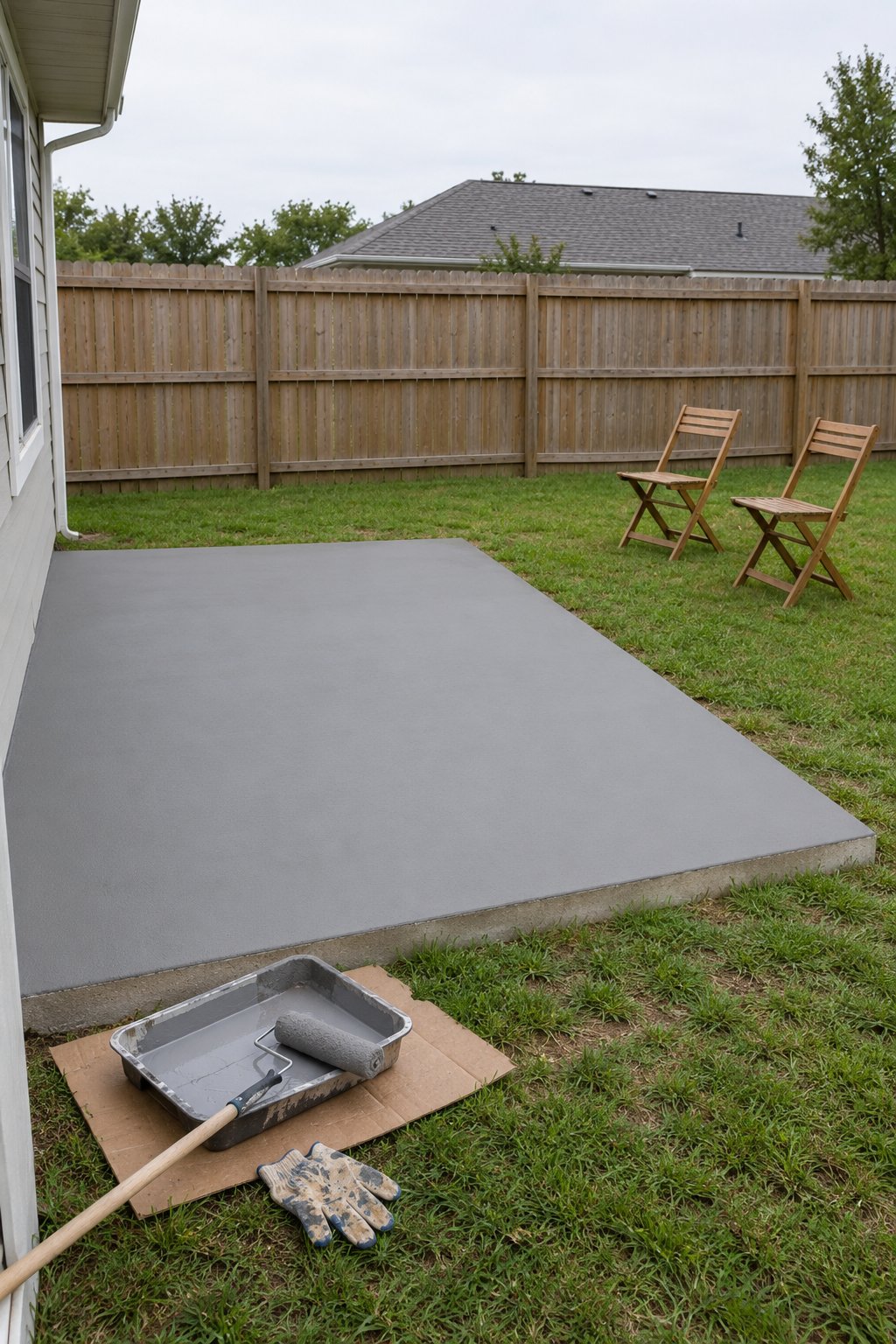 Concrete patio ideas on a budget, a back patio slab painted solid warm gray with a paint roller and tray at the edge and a wooden privacy fence behind