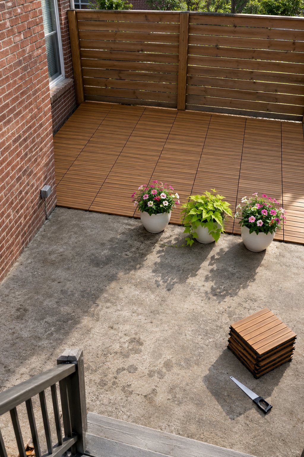 Budget back patio with interlocking wood-look deck tiles laid over half of a concrete slab, a row of three pots along the edge and a townhouse brick wall behind