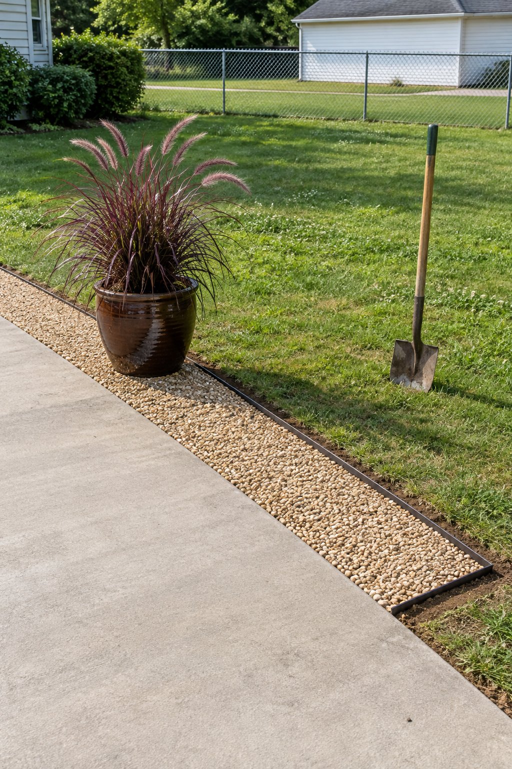 Back patio idea with a pea gravel border and metal edging along a concrete slab, one large pot of purple fountain grass in the gravel and a chain-link fence behind