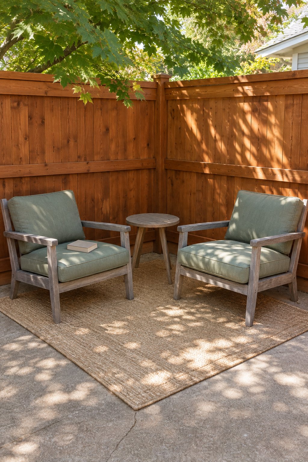 Back patio ideas on a budget, a seating corner with two low outdoor armchairs angled on a 5 by 8 outdoor rug and a small side table in the corner of a cedar fence