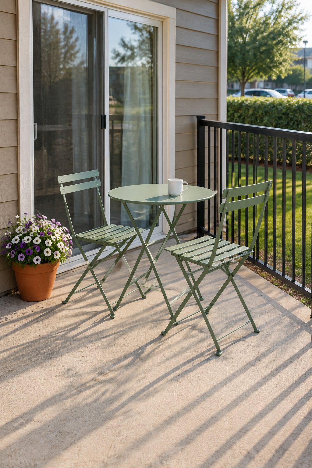 Small patio idea on a budget, a sage green bistro table with two folding chairs and one pot of petunias beside a sliding door on an apartment patio
