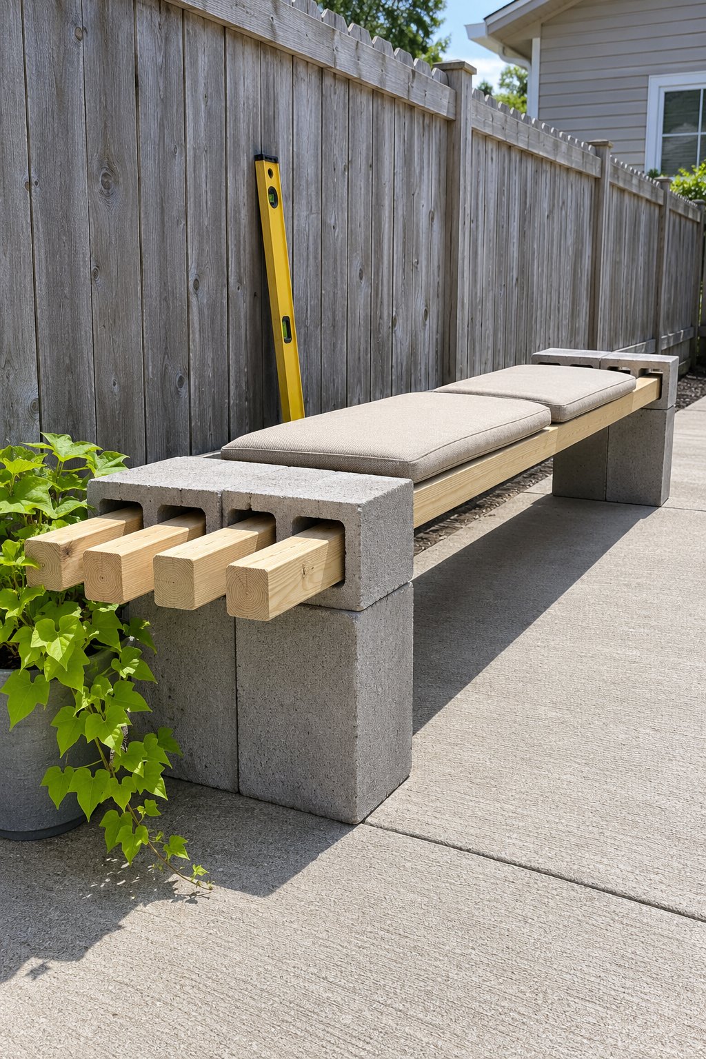 Budget patio bench made from stacked concrete blocks and four wooden 4 by 4 posts with oatmeal seat cushions along a dog-ear wooden fence