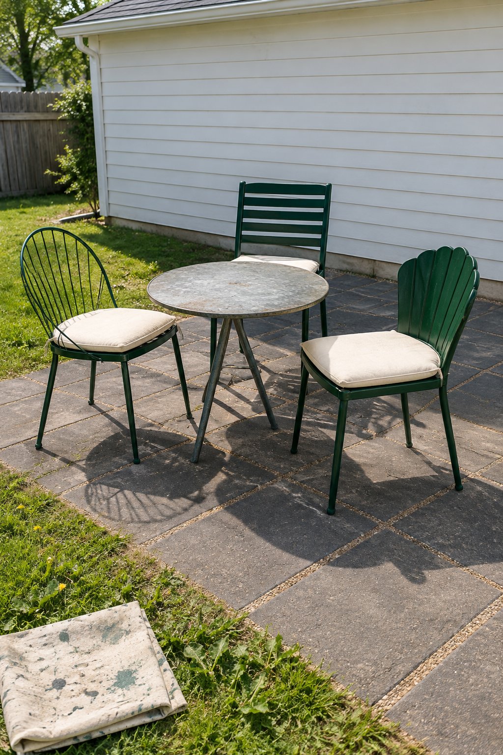 Patio decorating idea on a budget, three mismatched metal chairs spray painted deep green with matching cream cushions around a small table on concrete pavers