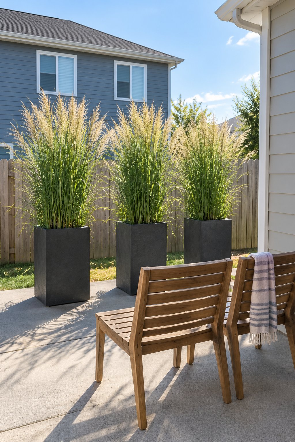 Patio privacy ideas on a budget, three matching tall charcoal planters of feather reed grass in a row along the open side of a sunny concrete patio