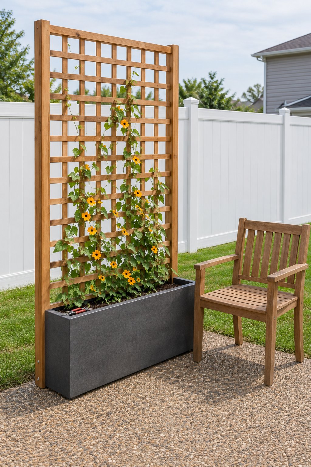 Budget patio privacy screen, a cedar trellis panel in a long trough planter with black-eyed Susan vine climbing beside one chair, a white vinyl fence behind