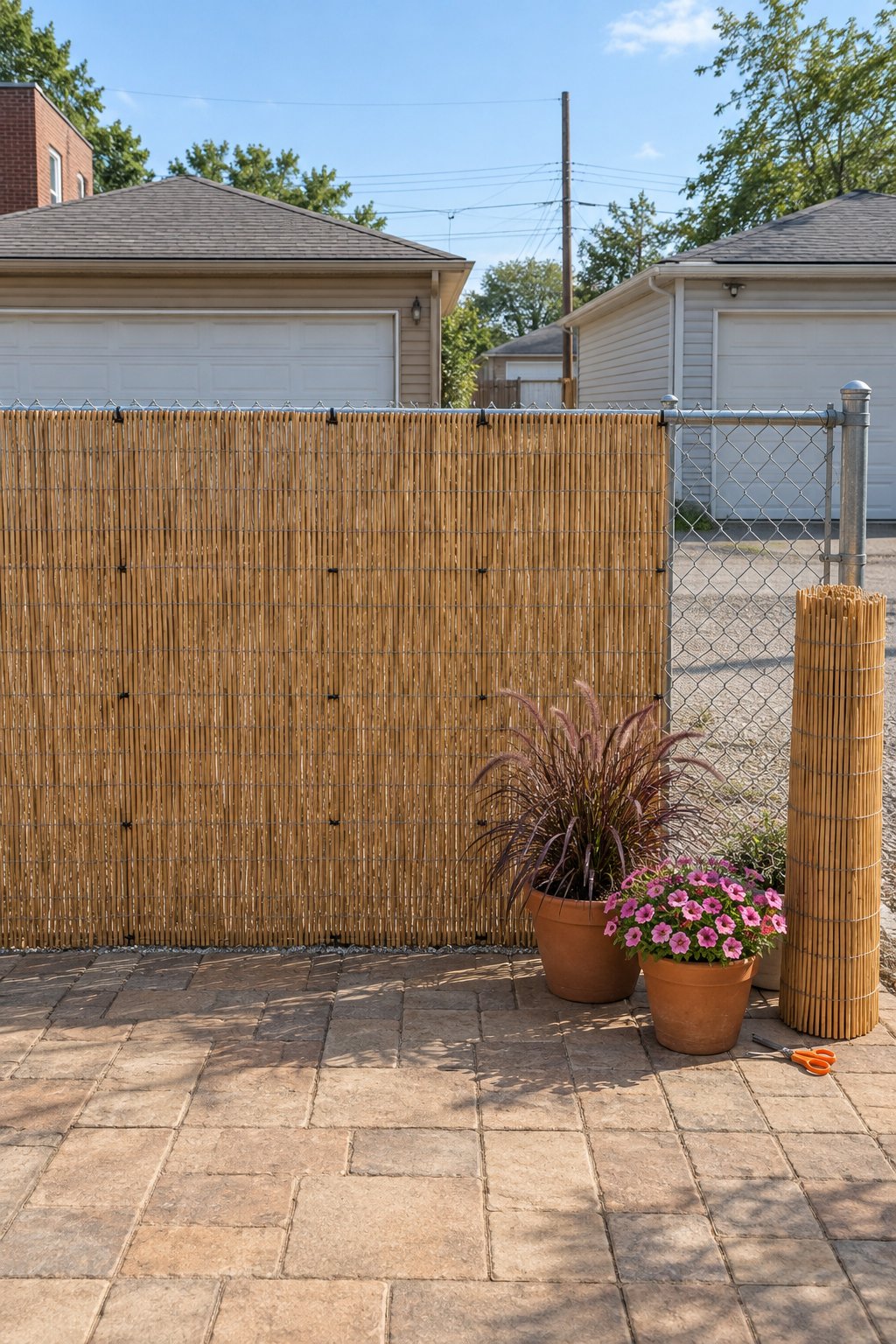 Back patio privacy idea on a budget, tan reed fencing zip-tied over a chain-link fence with two pots of purple fountain grass and petunias in front