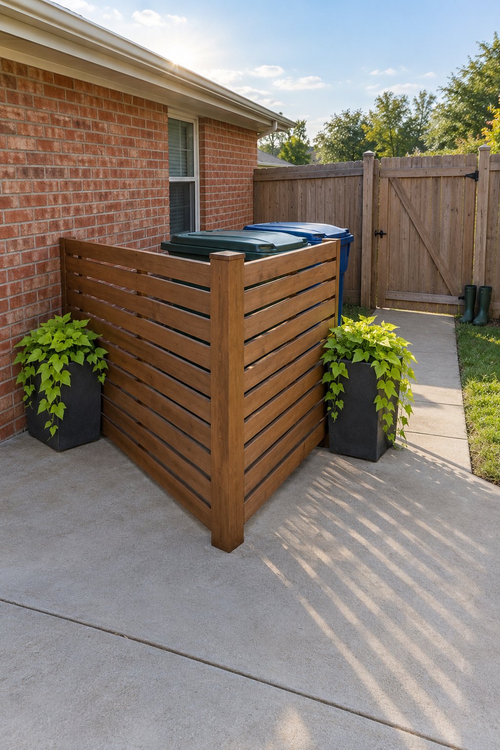 Budget back patio idea, a short L-shaped slatted wood screen hiding two trash bins at the patio edge with a heavy planter at each end beside a brick ranch house