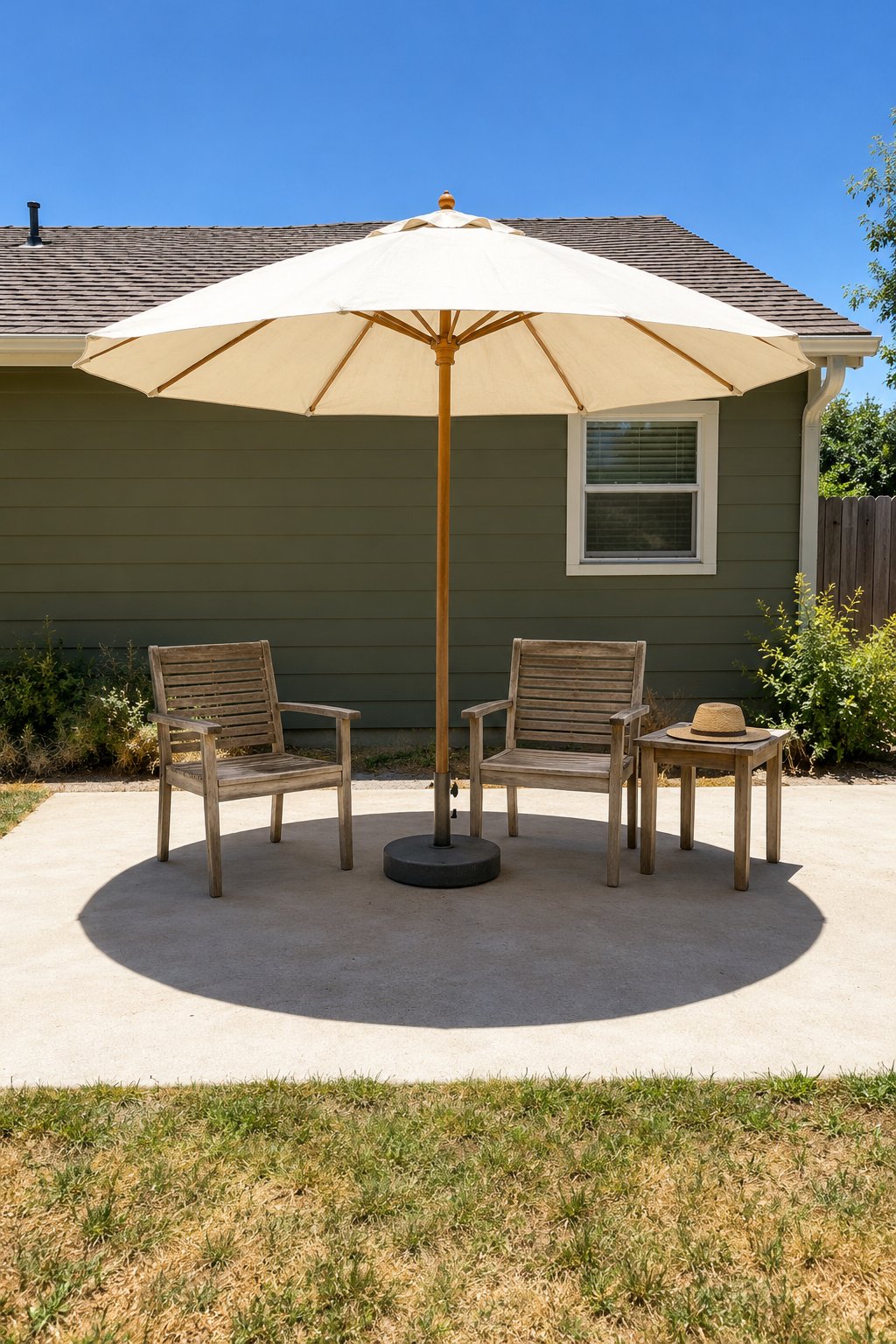 Outdoor patio ideas on a budget, a plain canvas market umbrella in a weighted base shading two chairs and a small table on a sunny concrete slab behind a bungalow