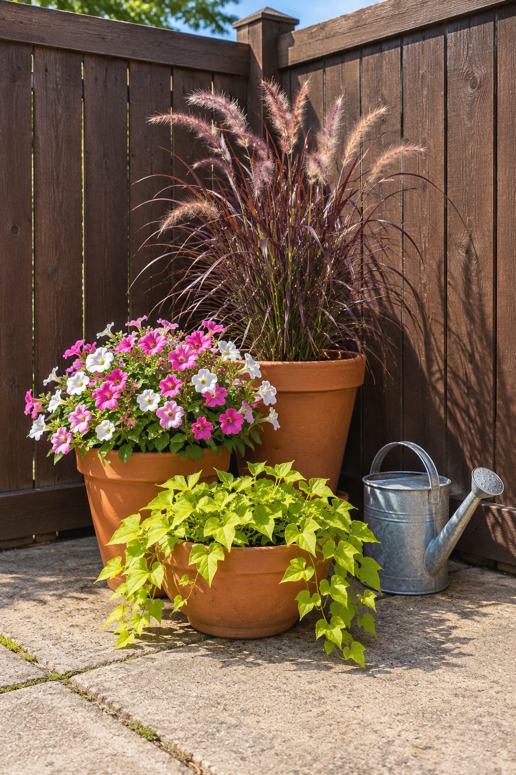 Back patio container idea, three terracotta pots in stepped sizes with purple fountain grass, petunias and trailing sweet potato vine in a sunny fence corner