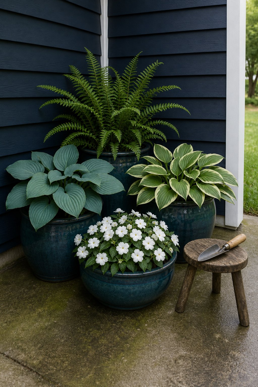 Shady back patio corner on a budget with glazed pots of hostas, a fern and white impatiens clustered against a siding wall in open shade