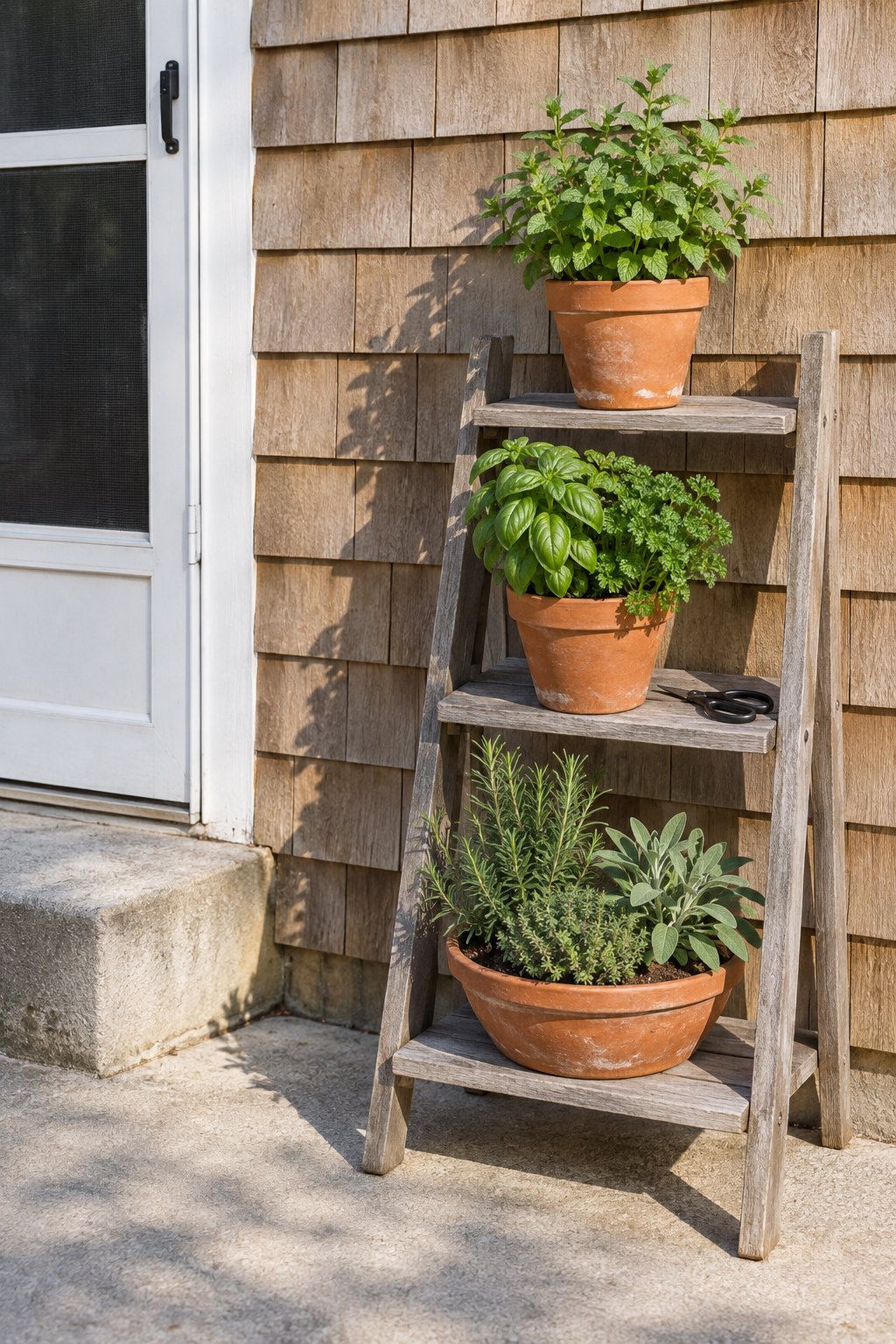 Budget patio herb stand, a three-tier wooden plant stand by the back door with rosemary, thyme and sage in one pot, basil and parsley in another and mint alone