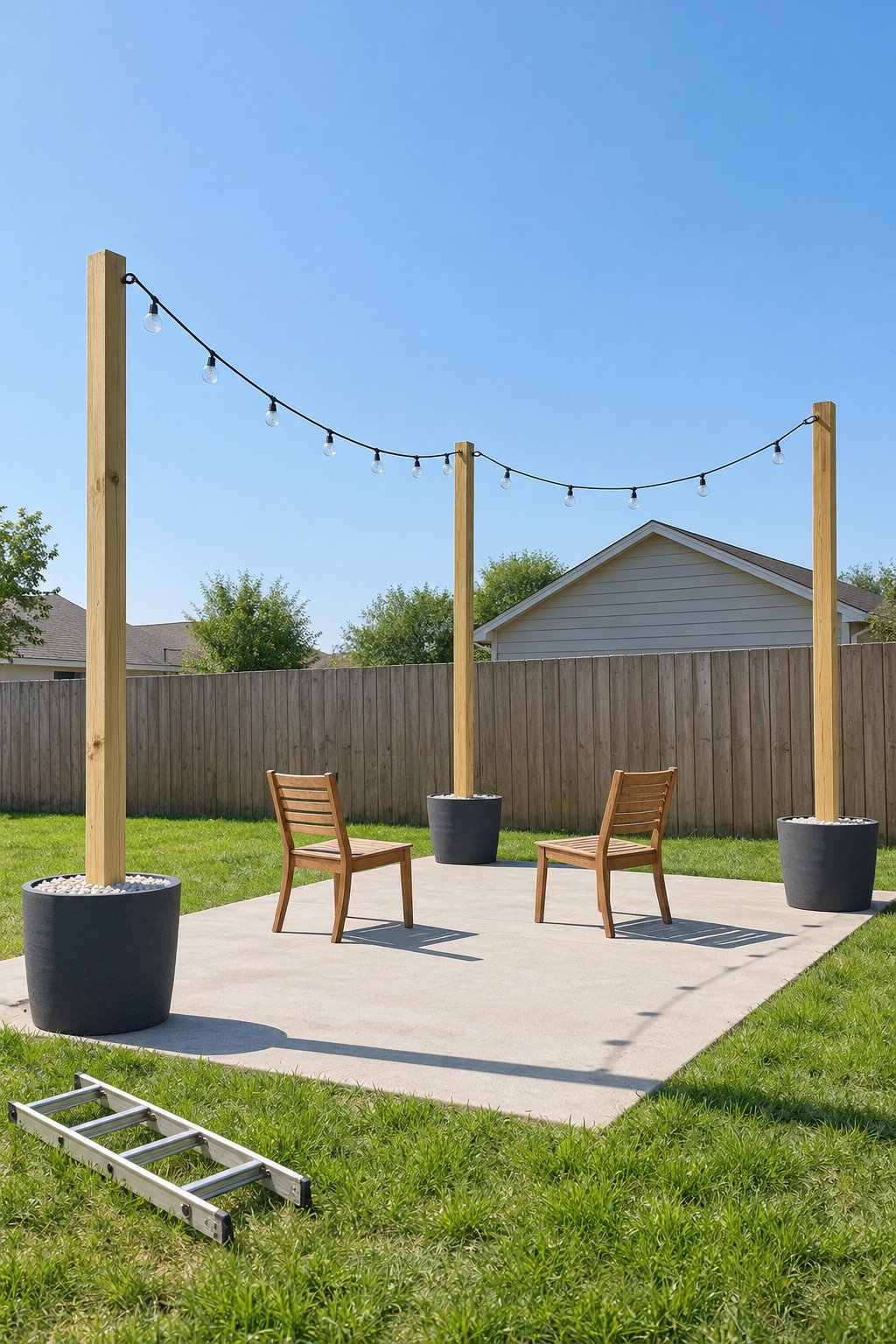Back patio ideas on a budget, outdoor string lights hung between tall wooden posts set in large charcoal planters over two chairs on a concrete slab