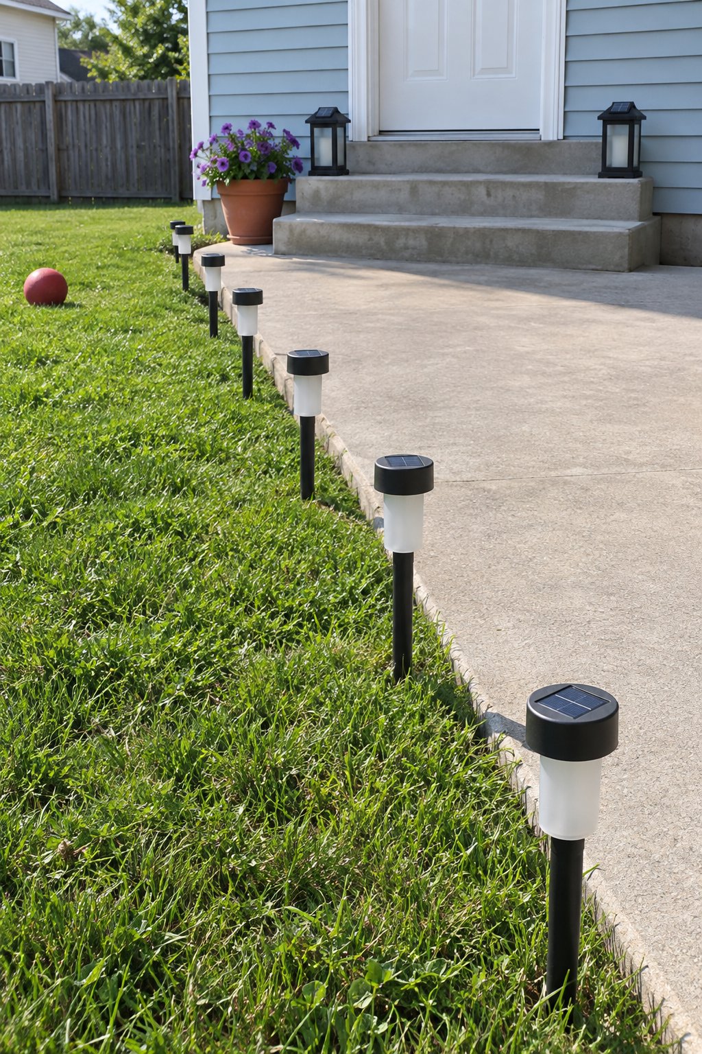 Apartment patio ideas on a budget, a row of solar stake lights along the lawn edge of a concrete patio with two solar lanterns on the back step