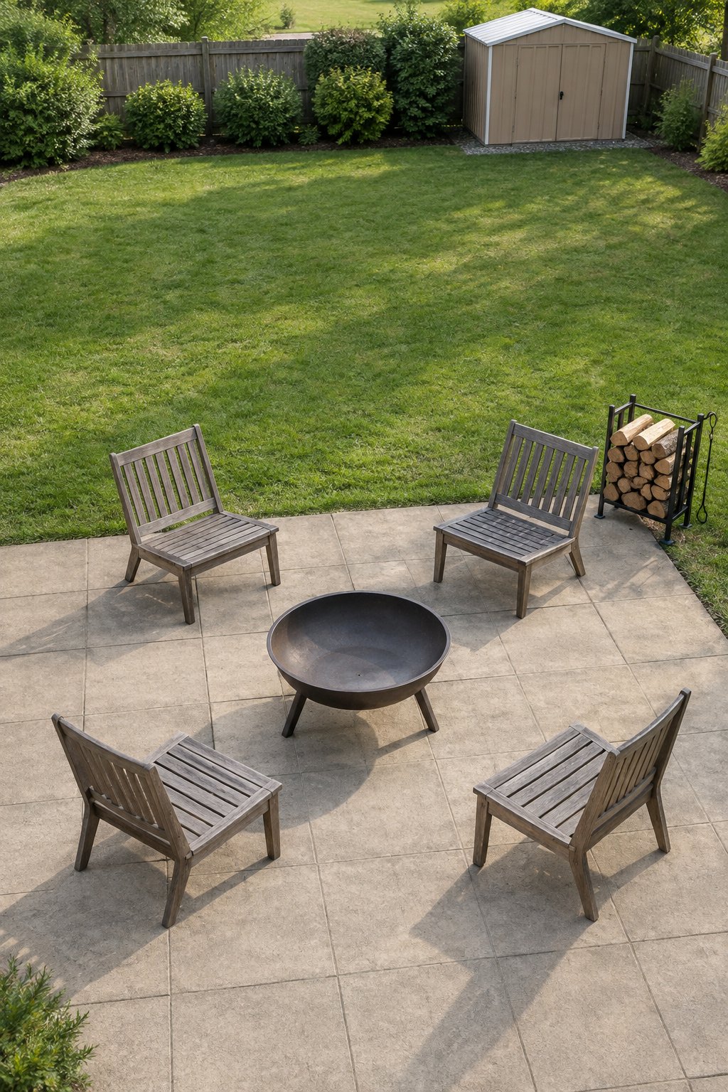 Back patio fire bowl corner on a budget, a portable steel fire bowl with four low chairs in a circle and a small log rack on concrete pavers in an open backyard