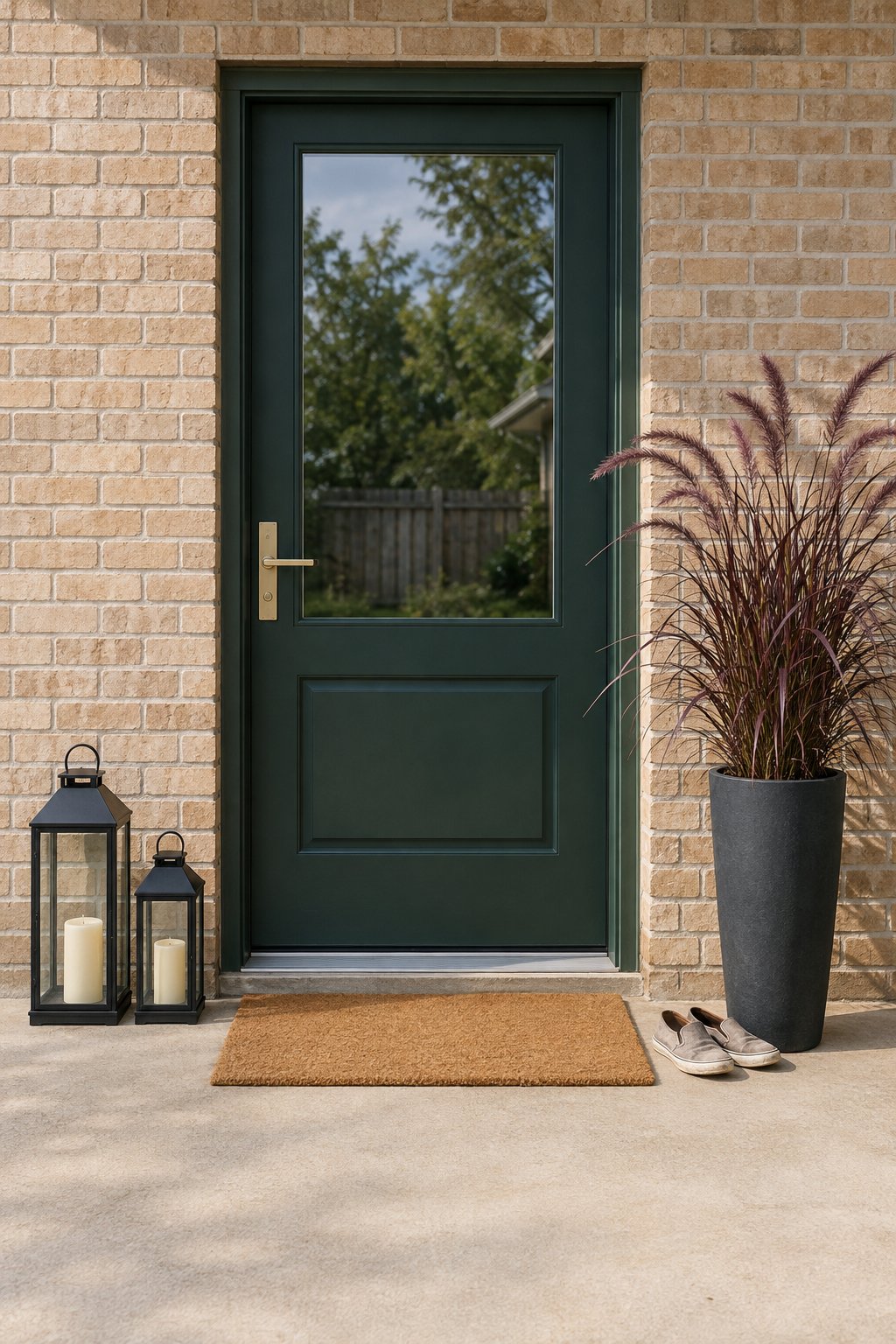 Budget back patio door styling with two black lanterns holding flameless candles, a plain doormat and one tall pot of purple fountain grass at a brick ranch house