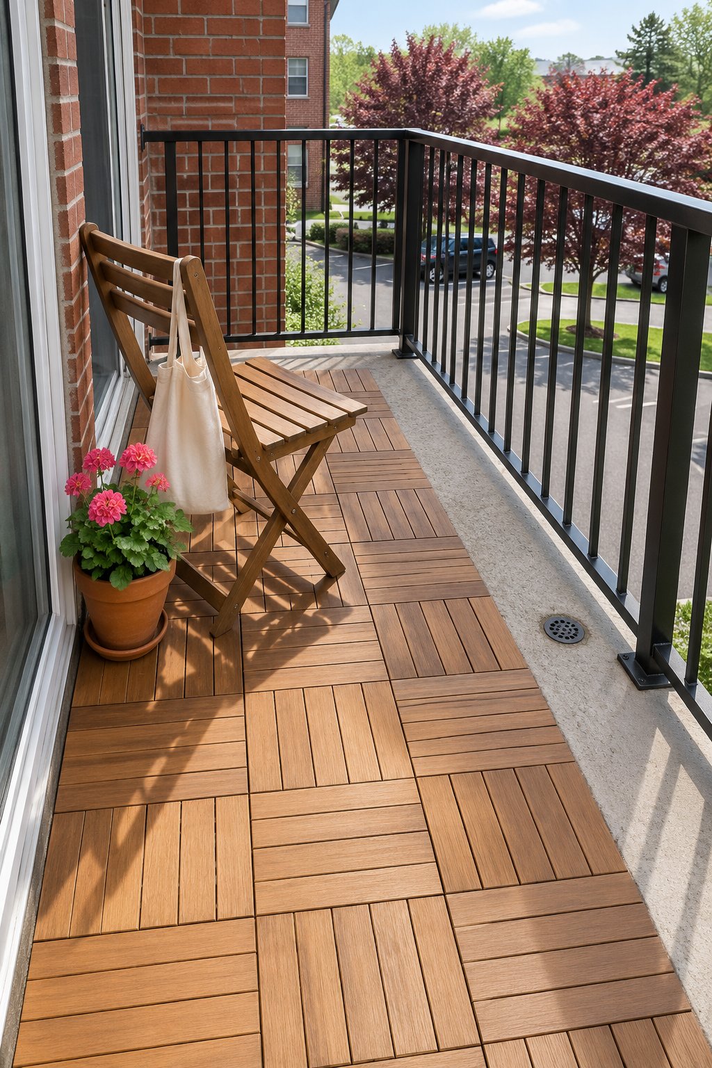 Balcony ideas for apartments, snap-together wood-look deck tiles laid over a bare concrete floor with one folding chair and a potted geranium beside the sliding glass door