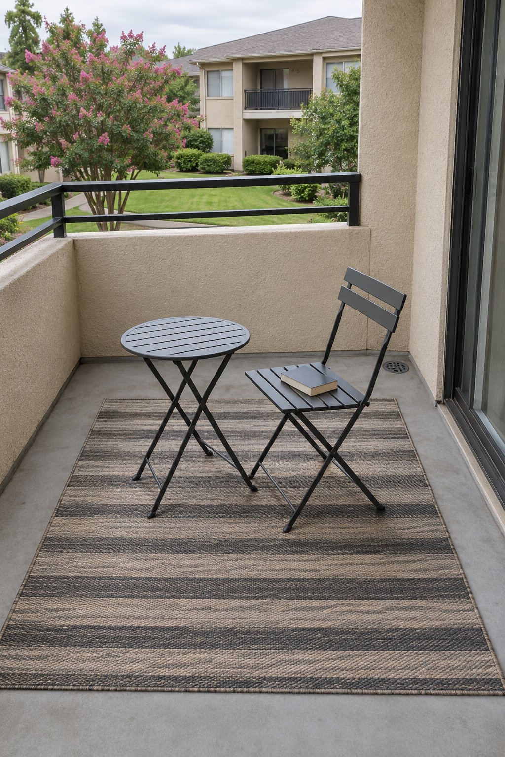 Apartment balcony with a sand and charcoal flat-woven outdoor rug on a concrete floor, a strip of slab showing at the edges, one chair and a small round side table
