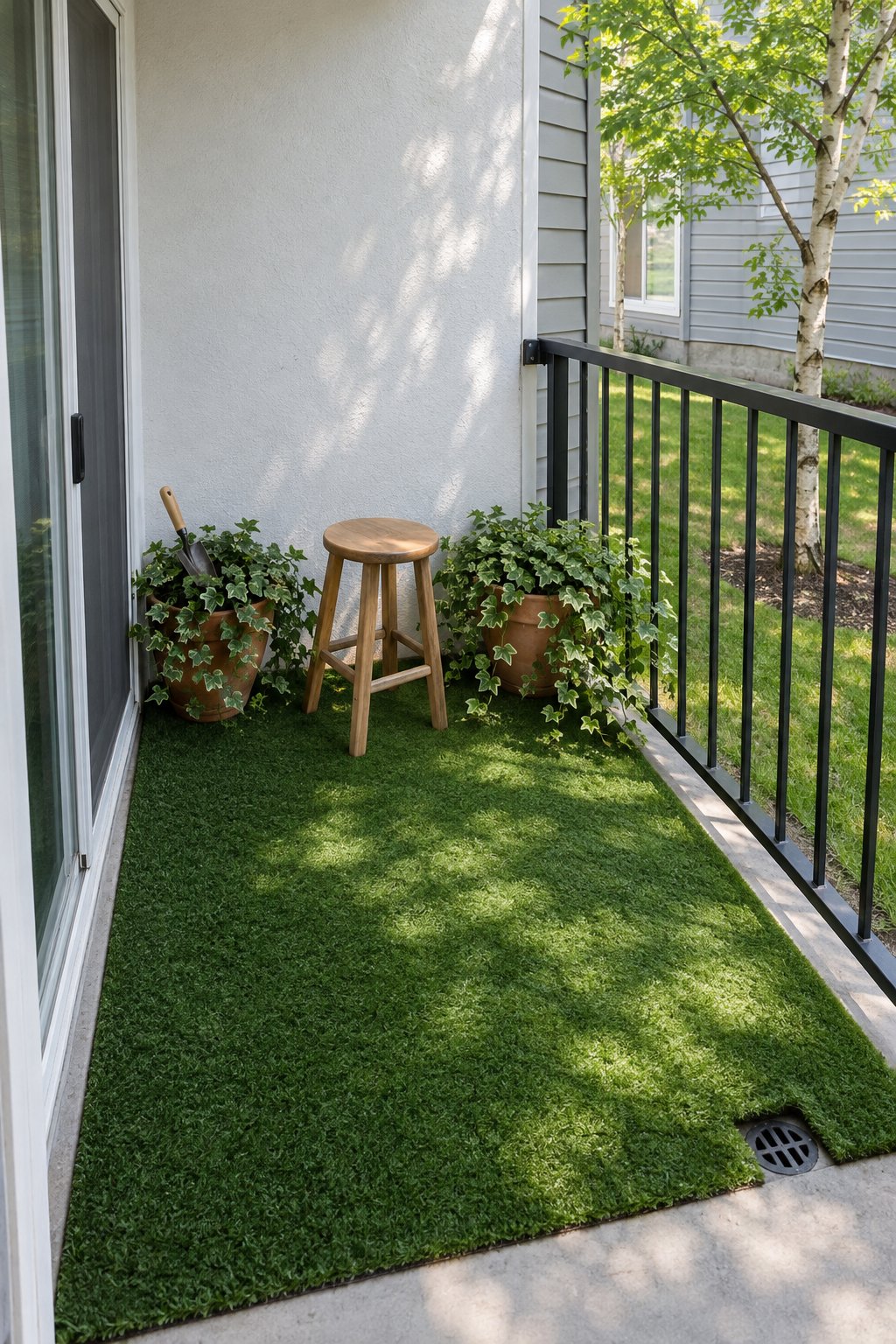 Small balcony with artificial turf cut to fit a concrete floor, one wooden stool and two pots of trailing ivy against a white wall