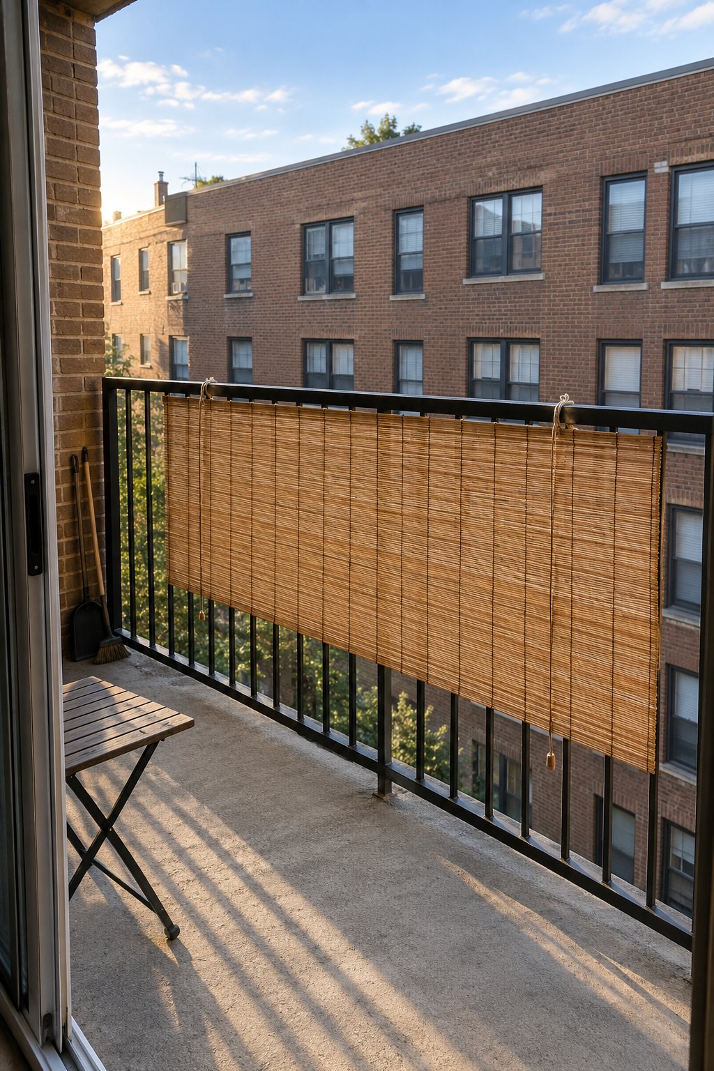 Apartment balcony privacy with a bamboo roll-up shade tied inside a black metal railing, lowered halfway to block the view of the building across the way