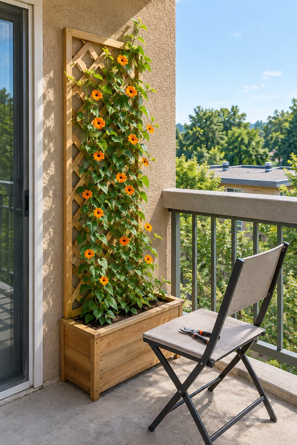 Small balcony privacy screen, a freestanding trellis planter with a black-eyed Susan vine climbing the lattice beside a chair on a concrete floor