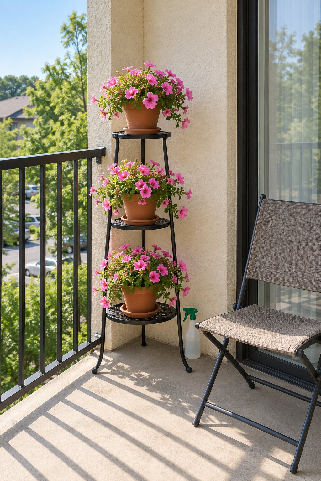 Small apartment balcony with a three-tier black metal plant stand in the corner holding three pots of pink petunias, each on a saucer, beside one chair
