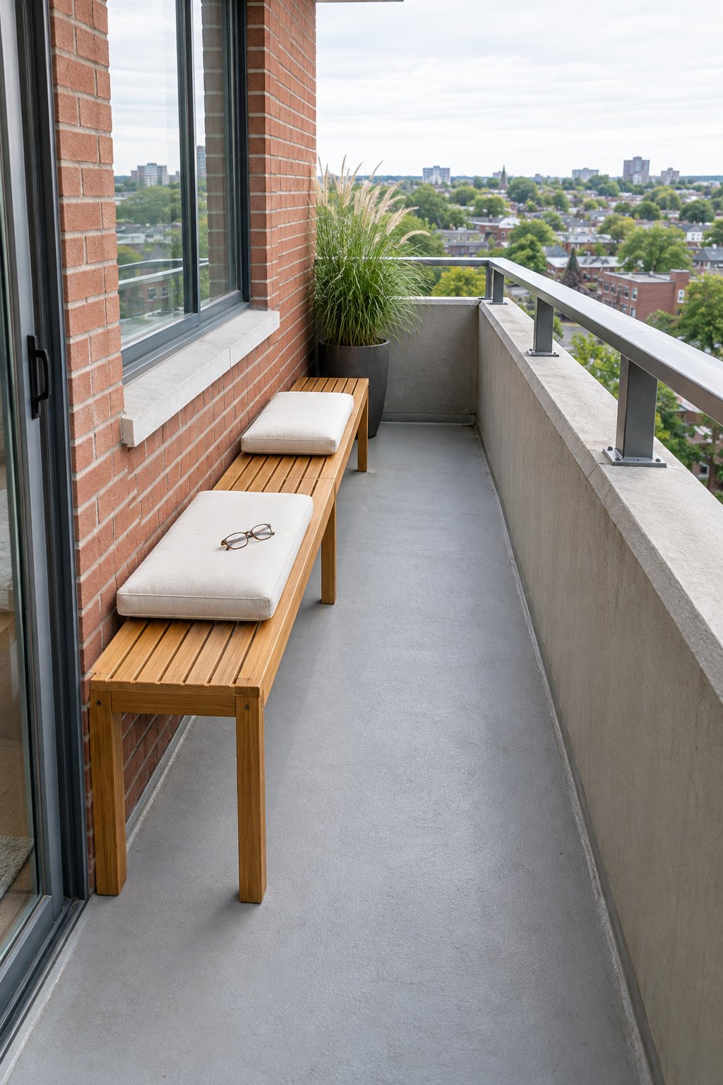 Narrow apartment balcony with a slim wooden bench running down the long wall, two cream cushions and one tall potted plant, the floor in front left clear