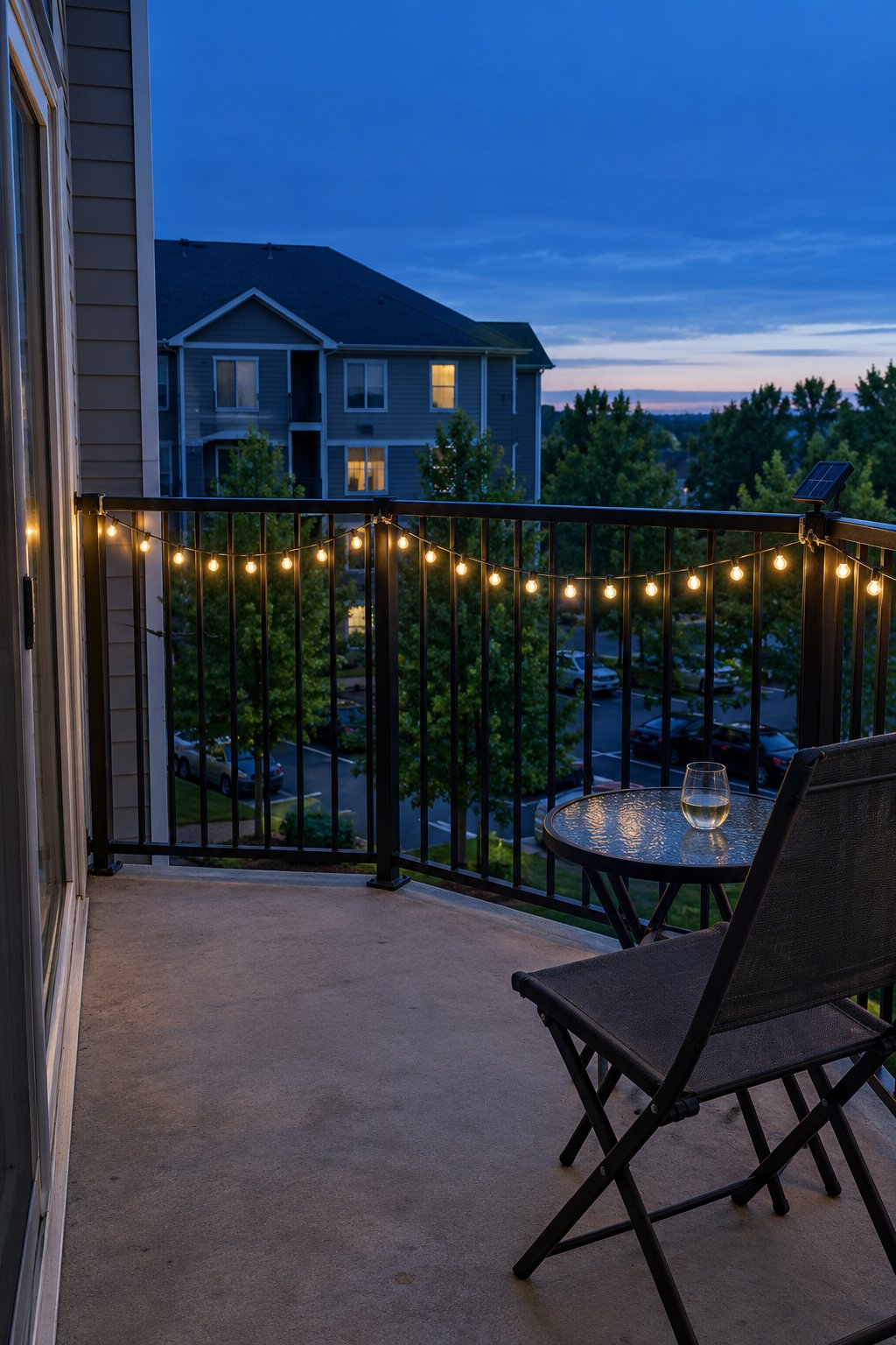 Balcony lighting with no outlet, solar string lights clipped along the inside of a black metal railing at dusk, one chair and a small table