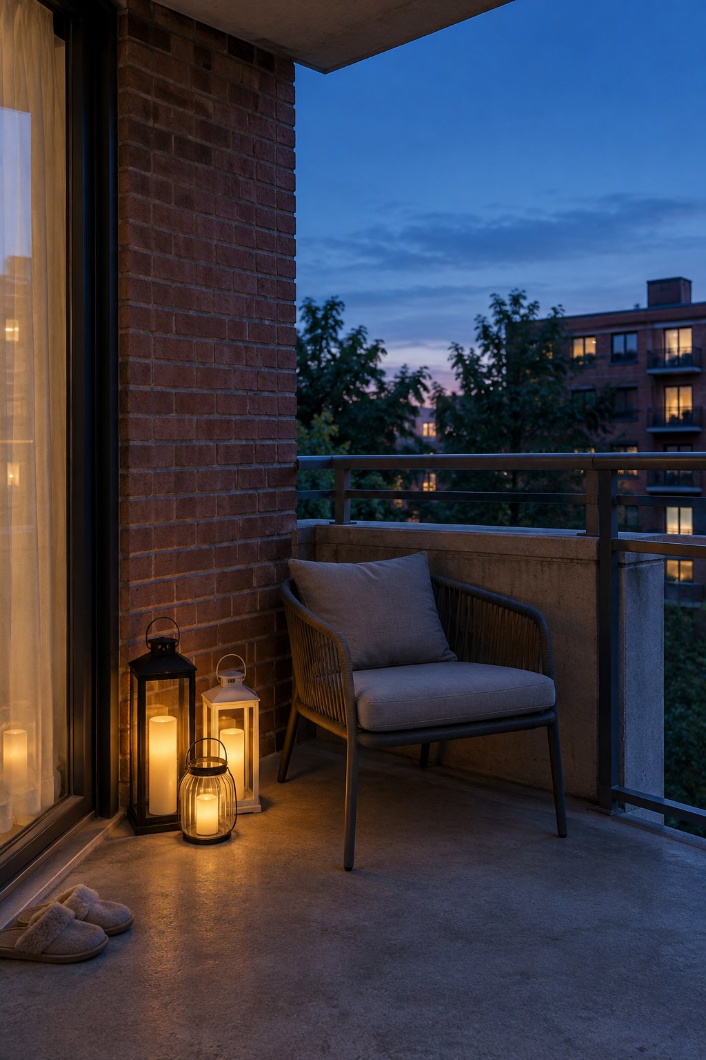 Apartment balcony lighting, three flameless candle lanterns of different heights glowing in a corner of a concrete floor beside a low chair at dusk