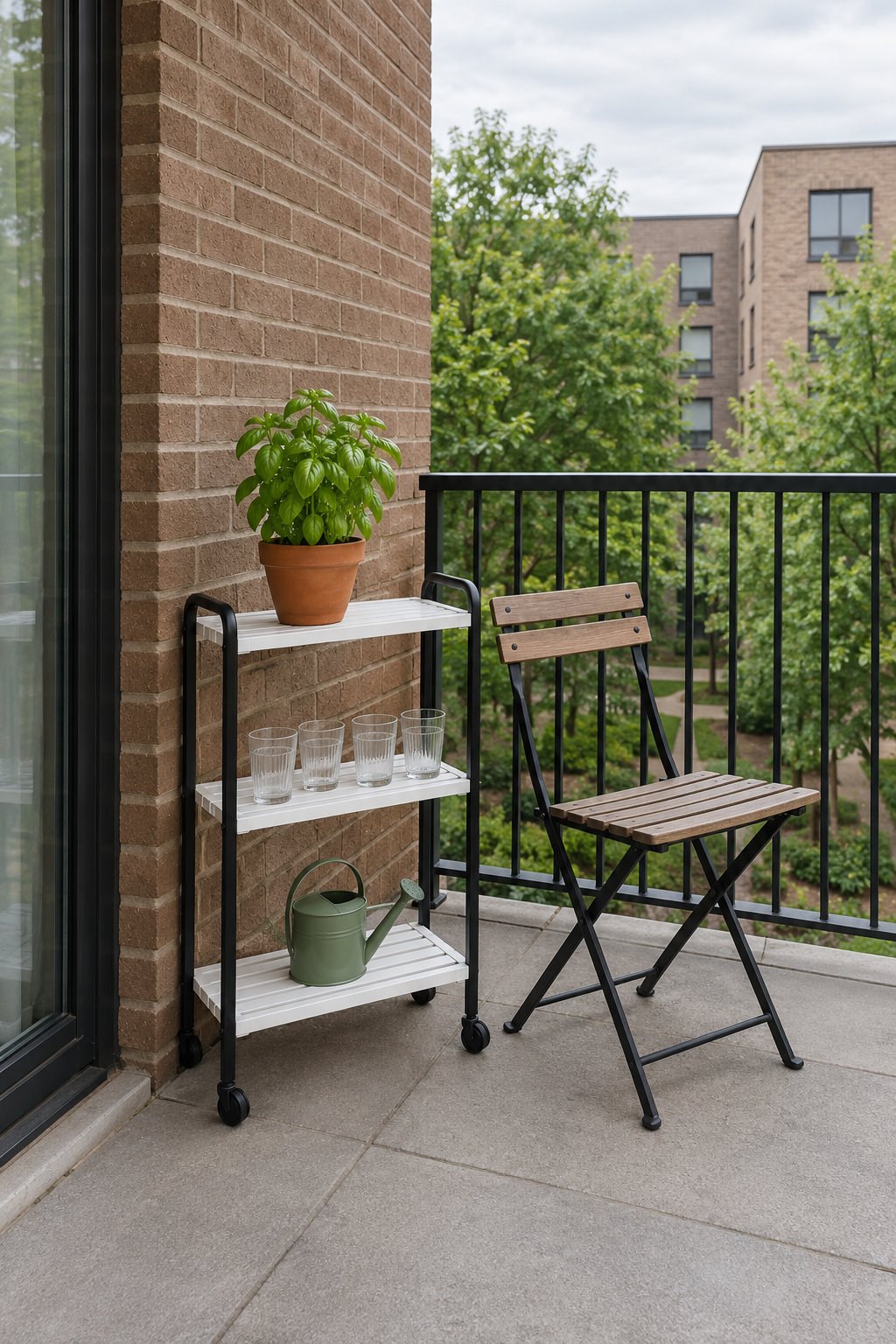 Renter-friendly balcony with a three-tier rolling cart parked against the wall holding glasses, a pot of basil and a watering can beside one chair