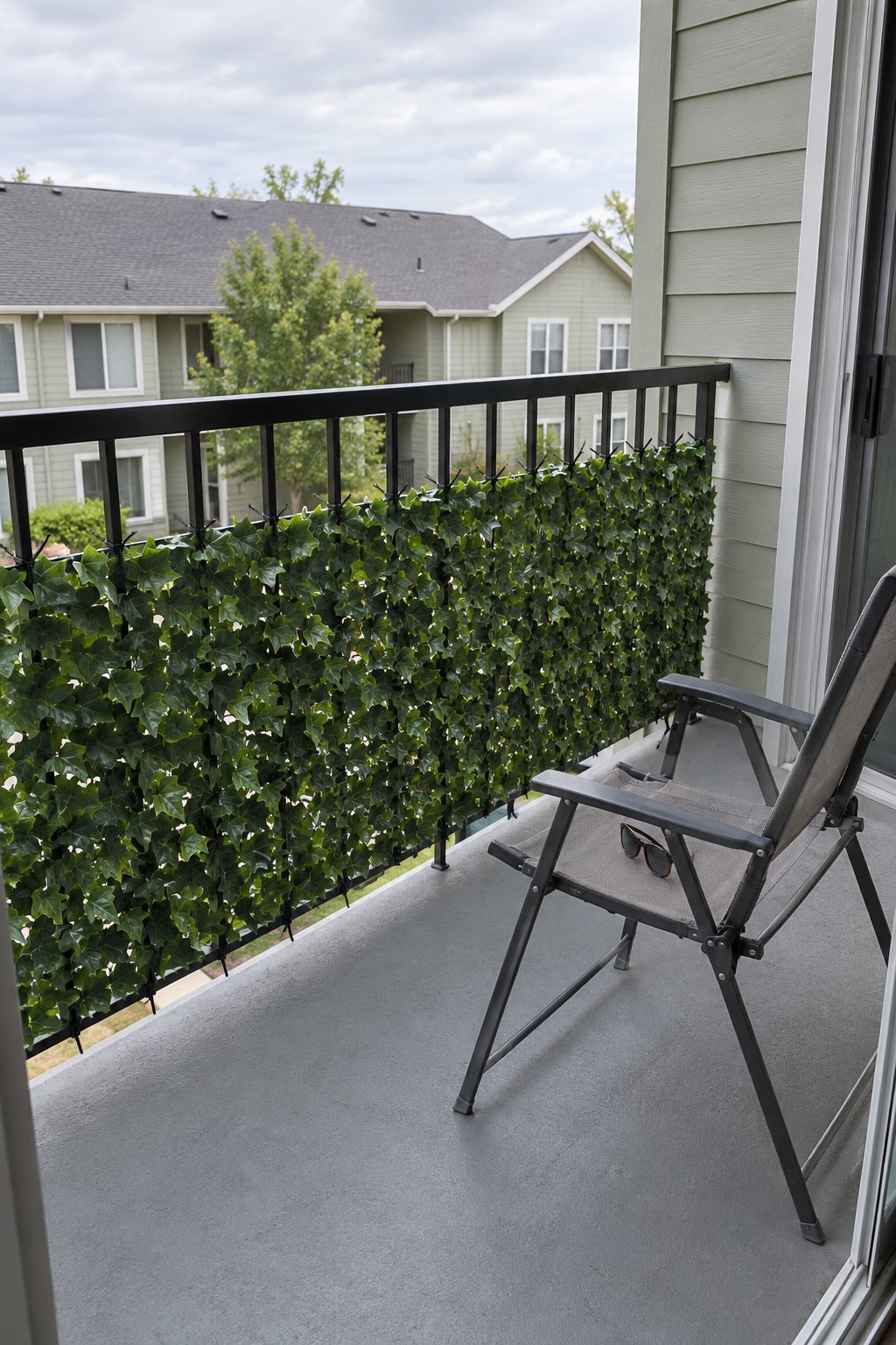 Apartment balcony railing covered on the inside with a faux ivy screen fastened with zip ties, one chair beside it on a concrete floor