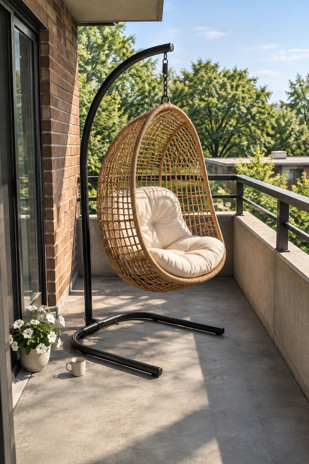 Apartment balcony with a woven hanging chair on a freestanding black steel stand, a cushion in the seat and clear floor space around it