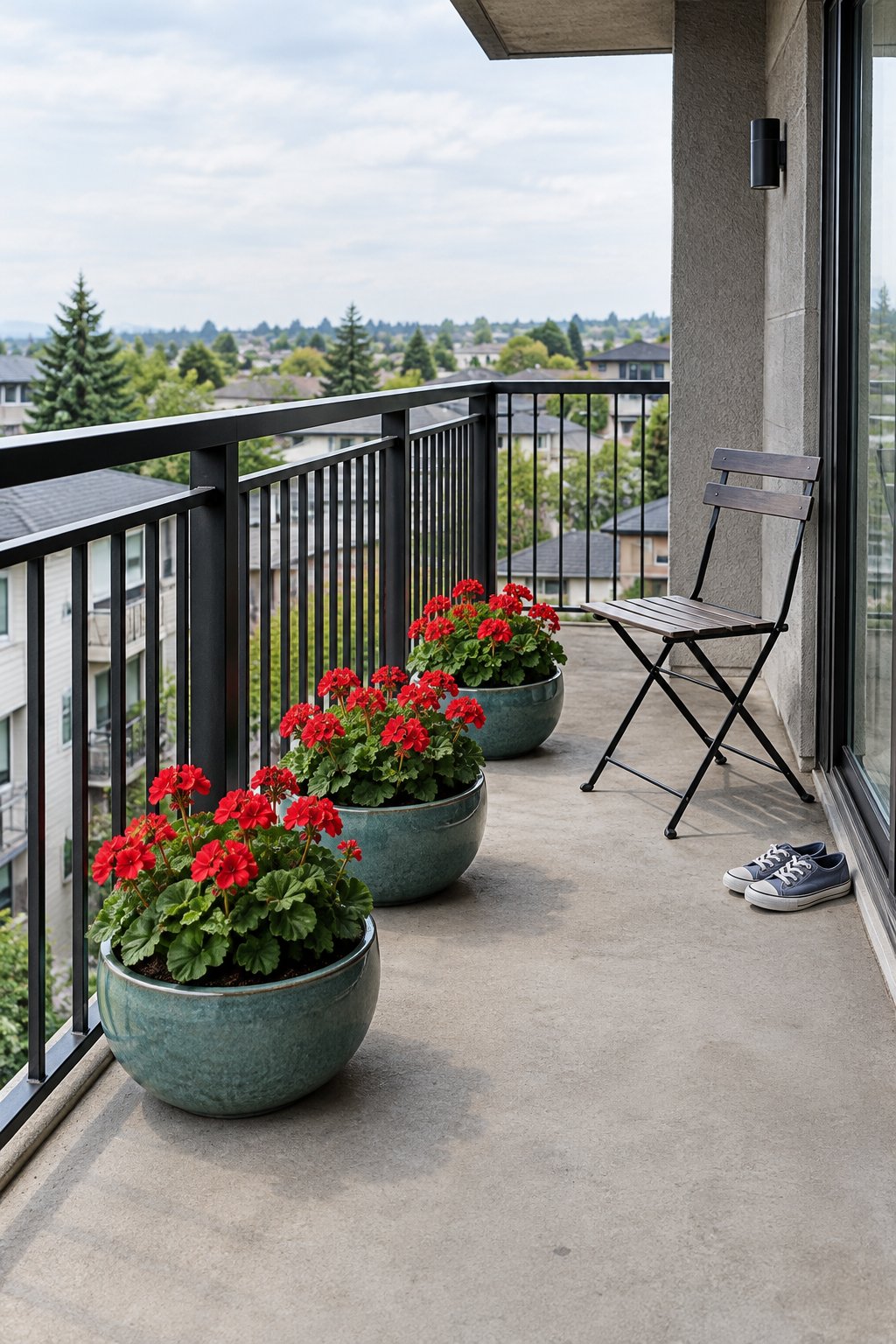 Windy apartment balcony with three wide heavy glazed planters of compact red geraniums on the floor, the top rail left clear, one chair beside them