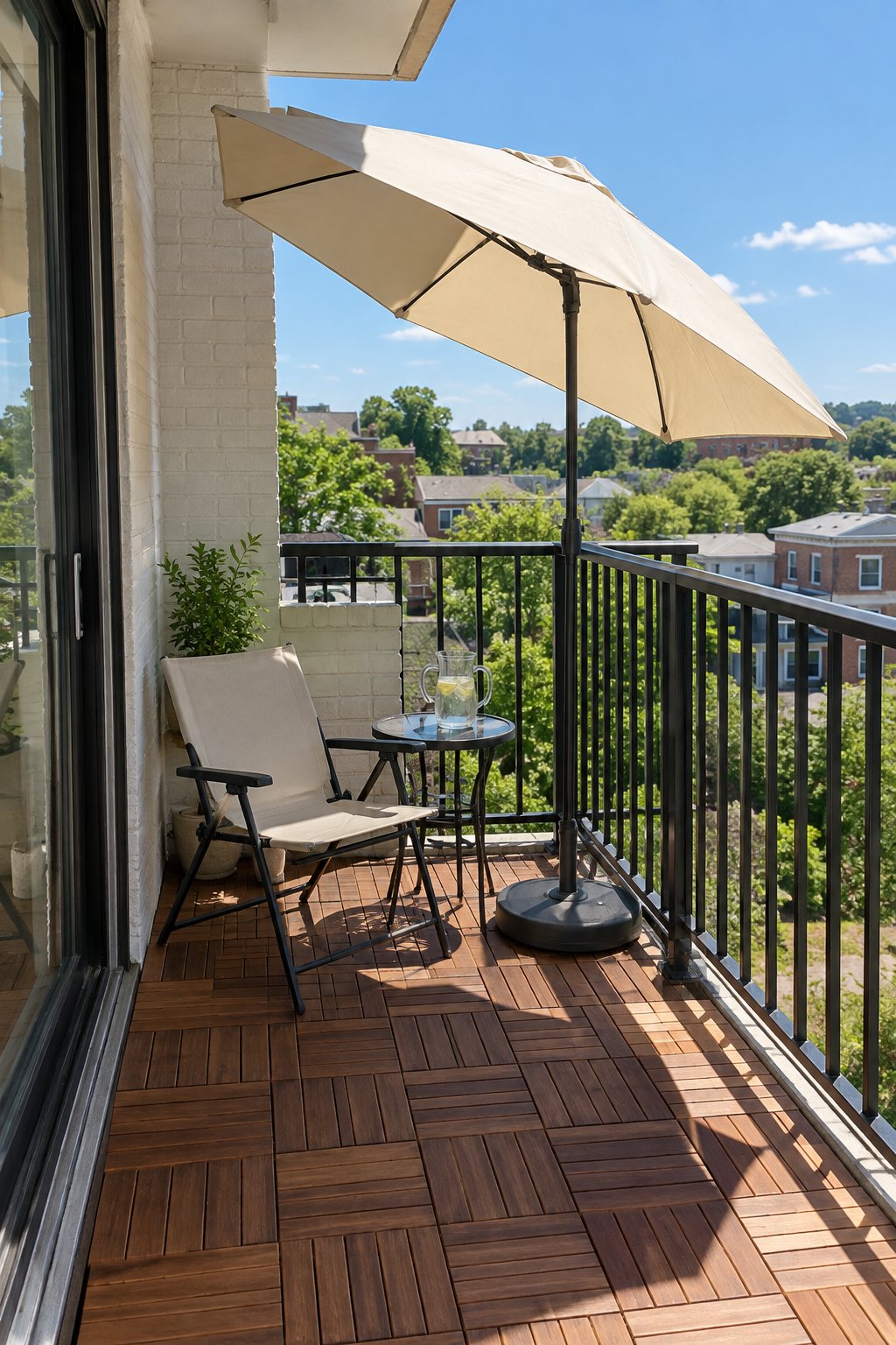 Sunny apartment balcony with a small tilting cream umbrella in a weighted base in the corner, shading one chair and a small side table