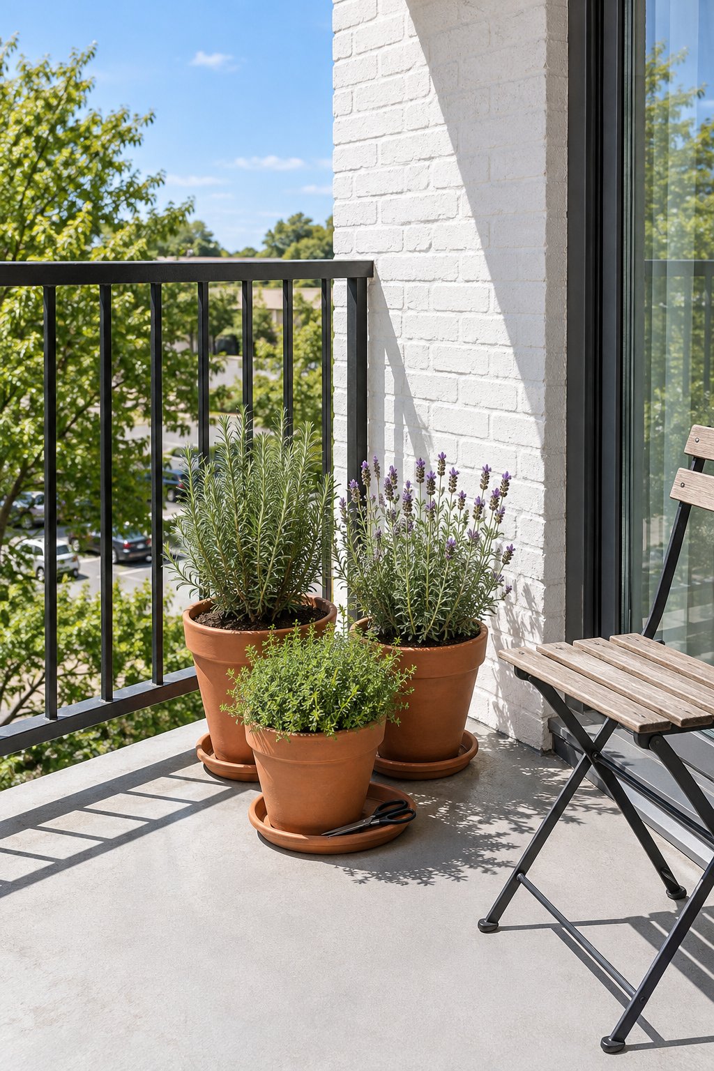 South-facing apartment balcony with rosemary, thyme and lavender in three terracotta pots grouped in a sunny corner, a saucer under each pot