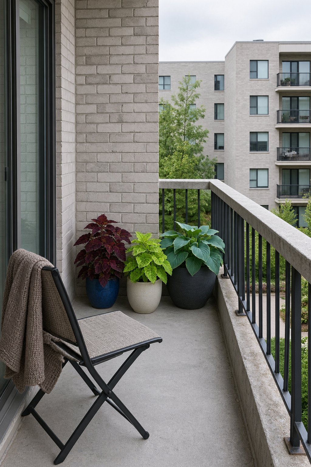 Shaded north-facing apartment balcony with pots of burgundy and lime coleus and a blue-green hosta grouped beside one chair