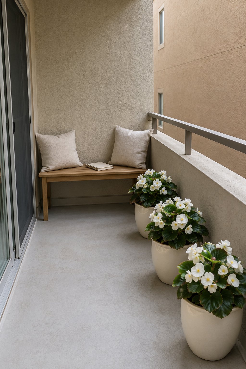 Dim apartment balcony styled in pale colors, three cream glazed pots of white begonias and two light cushions on a small bench