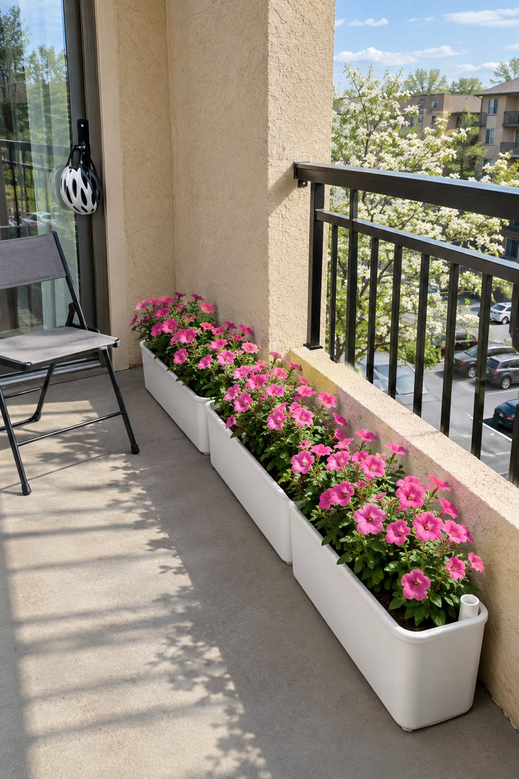 Apartment balcony with two long self-watering planters of pink petunias on the floor against the wall, a water-fill port visible on one end