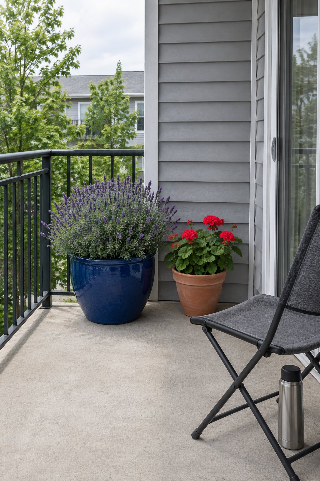 Apartment balcony with one large glazed planter of lavender and one medium pot of red geranium against the wall instead of many small pots, one chair nearby