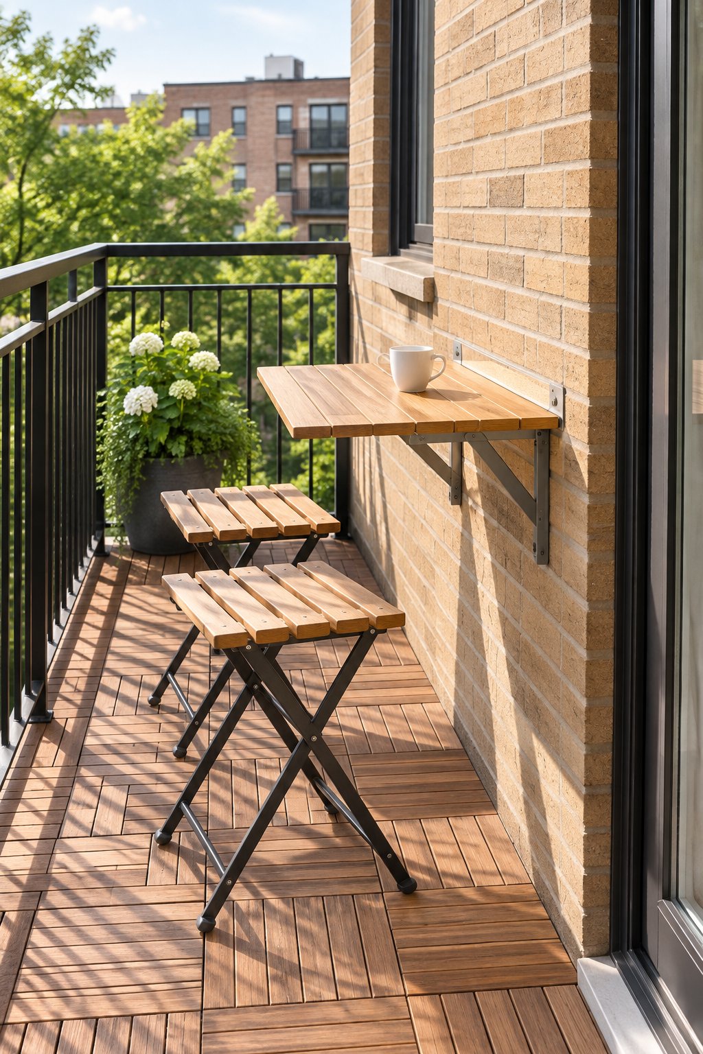 Small balcony with a wall-mounted fold-down table opened against the wall, two folding stools and a coffee cup on the table