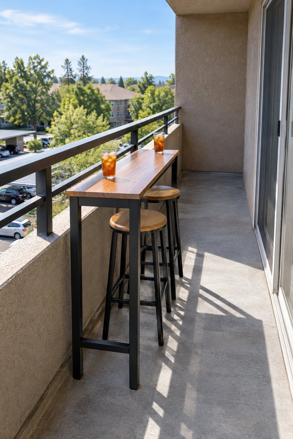 Narrow apartment balcony with a freestanding counter-height table near the railing and two stools tucked beneath it, two glasses on top