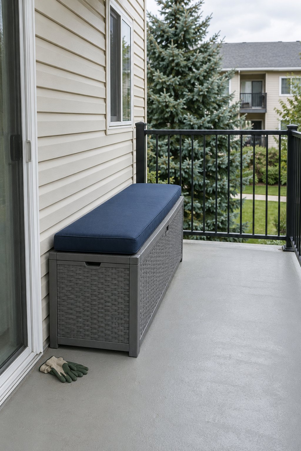 Small balcony with a gray bench-style deck box against the wall, lid closed with one cushion on top, a watering can and gloves beside it