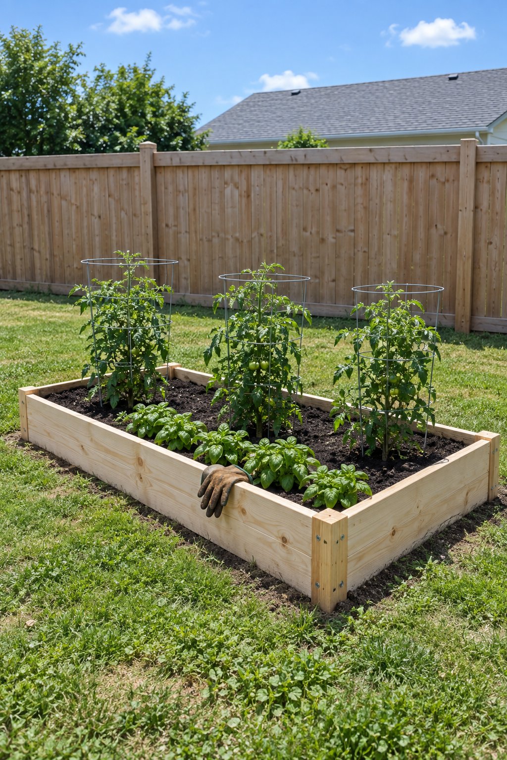 Cheap raised garden beds DIY idea, a one-board untreated pine frame on a small lawn with caged tomato plants carrying green fruit and basil, a wooden privacy fence behind