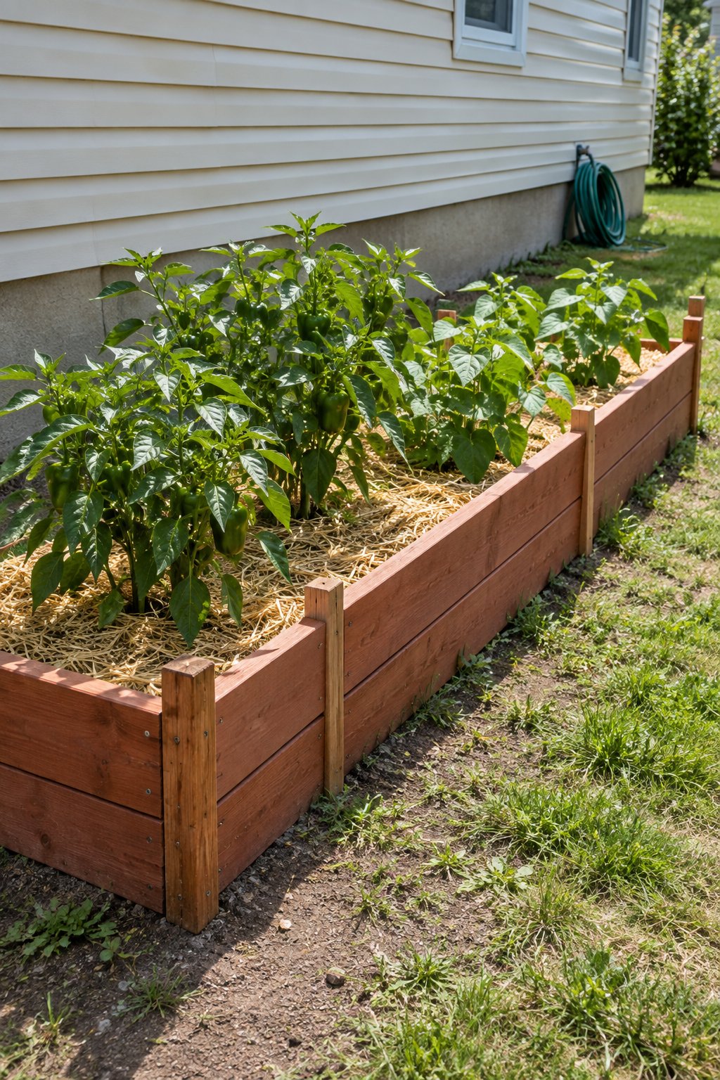DIY raised garden bed made from cedar fence pickets on corner stakes, planted with peppers and bush beans beside a ranch house with vinyl siding and a coiled hose