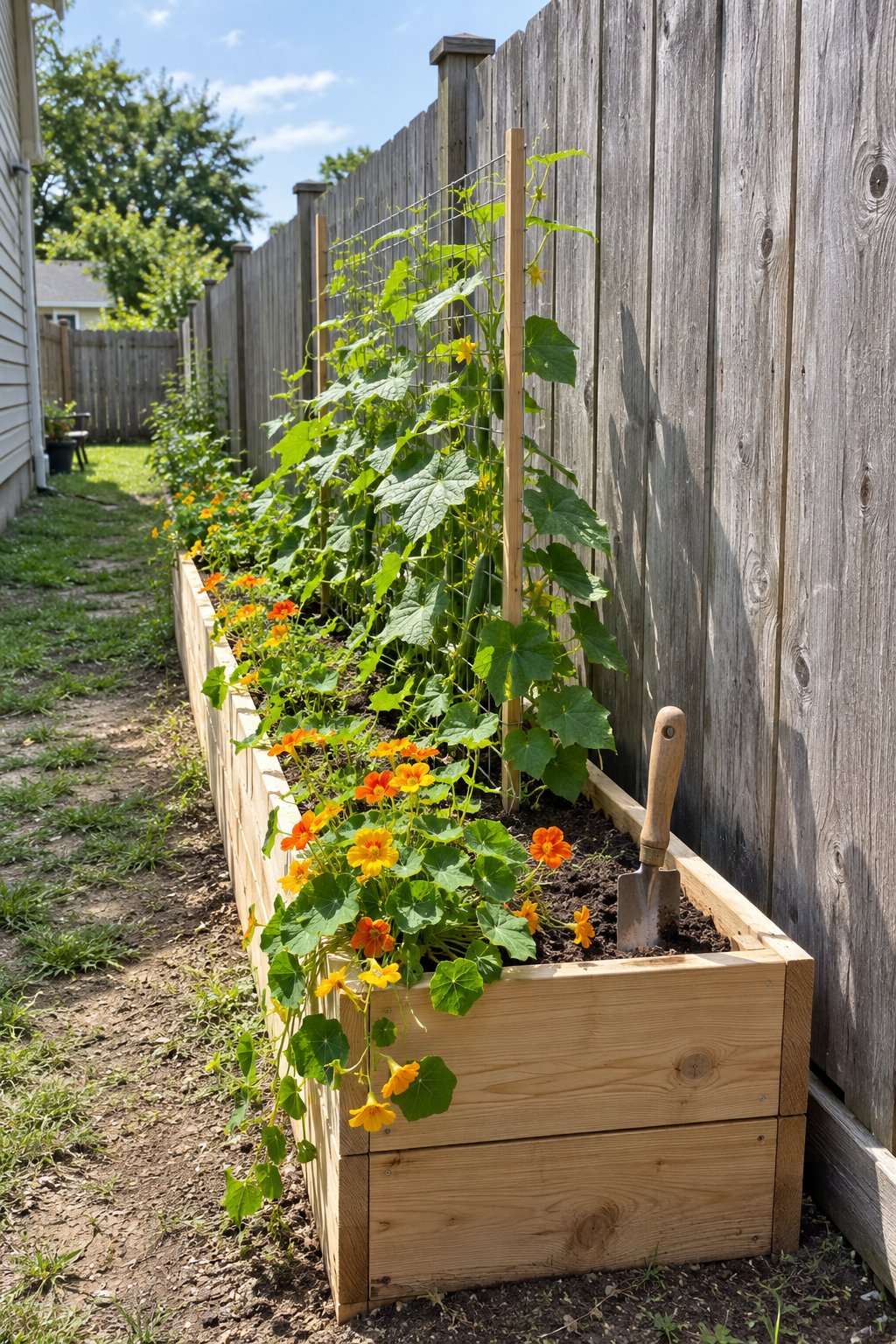 Raised garden bed idea for small spaces, a slim wooden bed along a weathered dog-ear fence with cucumbers on a short wire frame and nasturtiums at the front