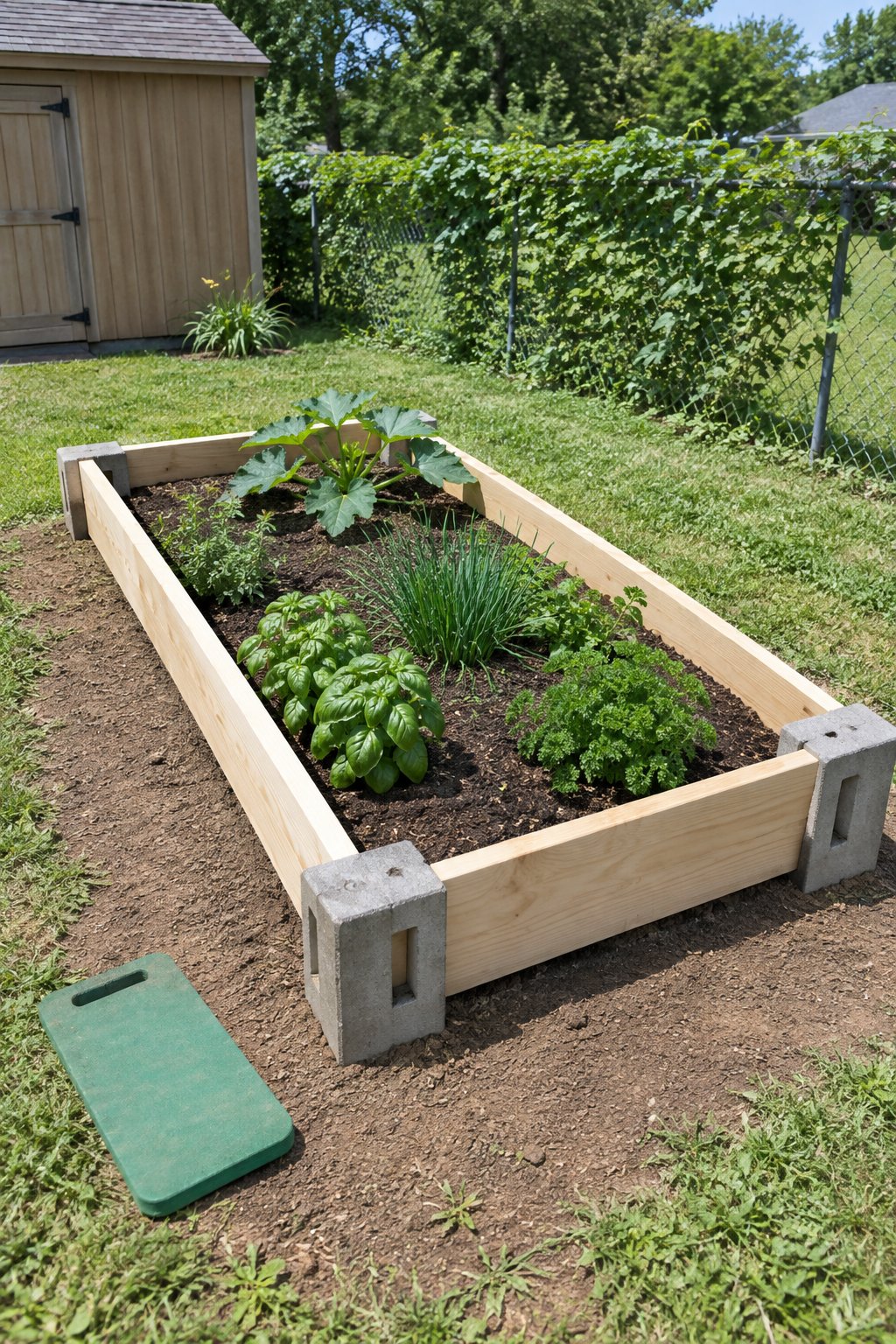 Easy raised garden bed for beginners with boards slotted into concrete corner blocks, planted with basil, parsley, chives and one zucchini, a chain-link fence and shed behind