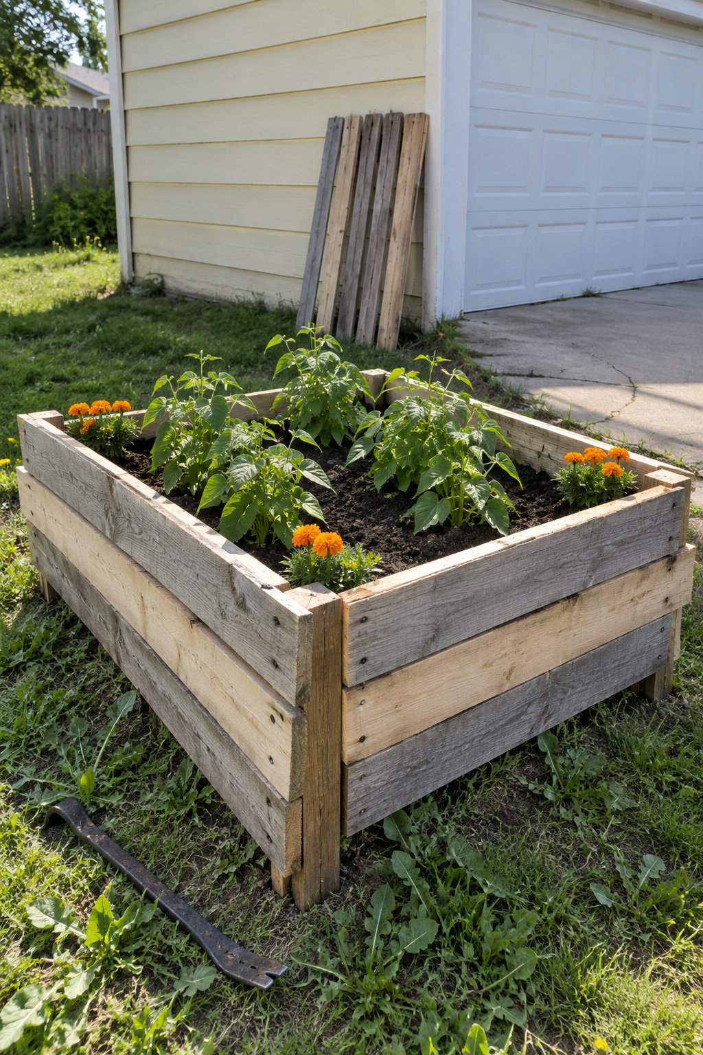 Raised garden beds out of pallets, bare unpainted pallet slats screwed to corner stakes and planted with bush beans and marigolds beside a detached garage