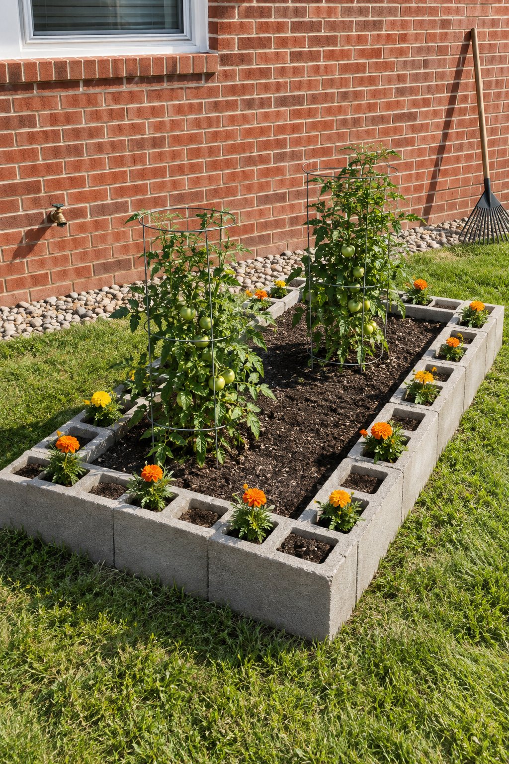 Cheap raised garden bed of dry-stacked concrete blocks with green tomatoes on caged plants and marigolds in the block cores, beside a brick ranch house