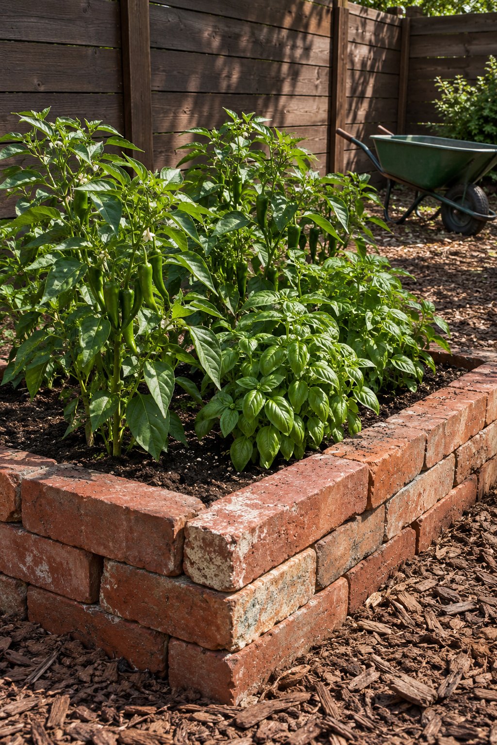 Low raised vegetable bed of reclaimed red bricks stacked without mortar, planted with peppers and basil, a wheelbarrow and wooden fence behind