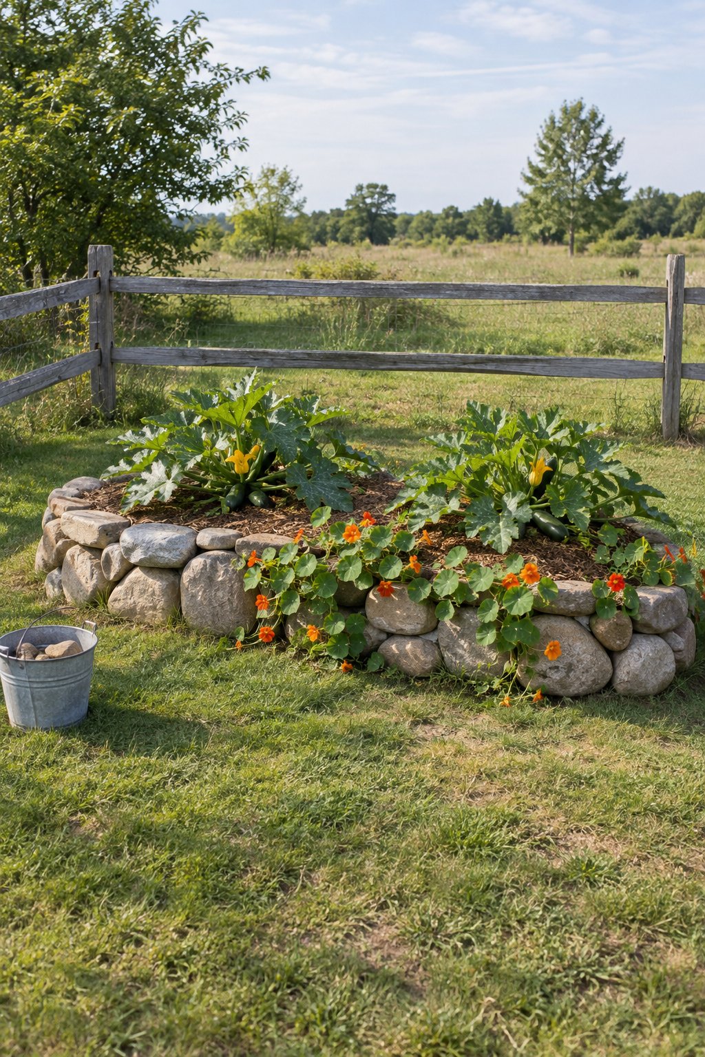 Low curved raised garden bed edged with stacked fieldstone, zucchini and nasturtiums spilling over the stones, a patchy lawn and split-rail fence behind